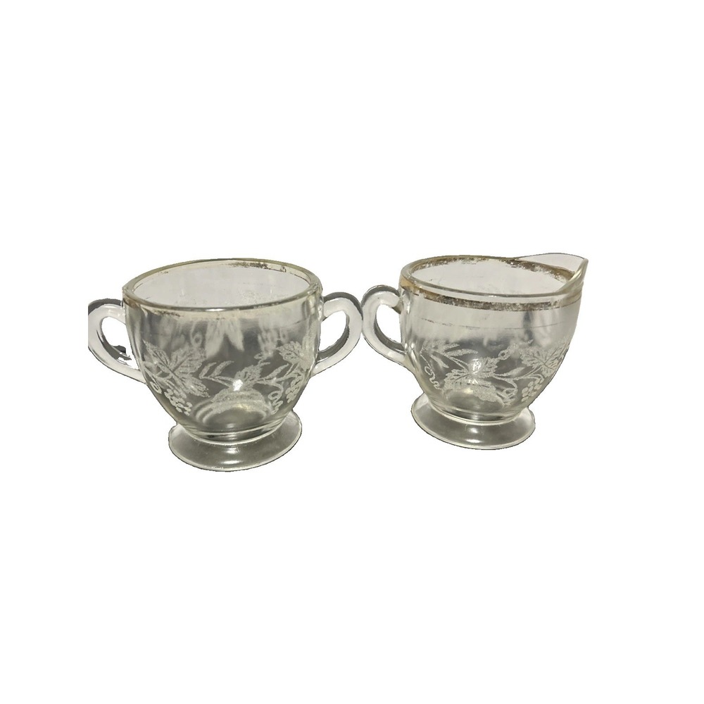 Vintage Bartlett Collins Clear Glass Sugar & Creamer Set Gold Trim Etched Fruit